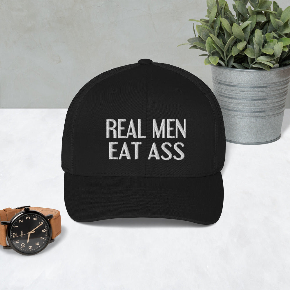 Real Men Eat Ass Mesh Trucker Cap, funny cap, offensive mesh cap –  sloganbros